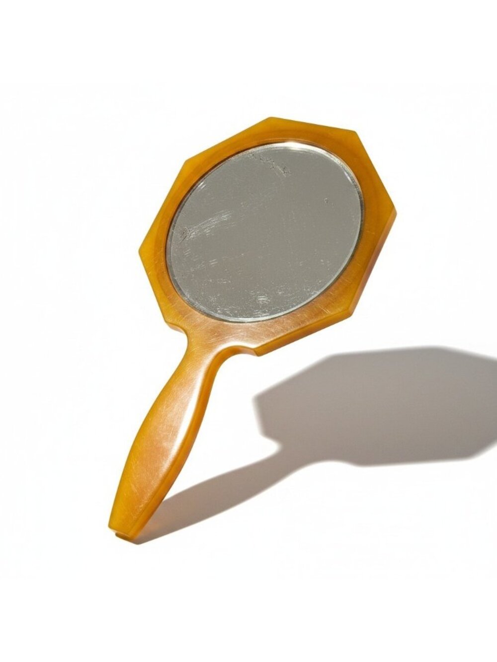 VTG Art Deco Butterscotch Swirl Vanity Hand Mirror Amber Octagon 8" 60s 70s